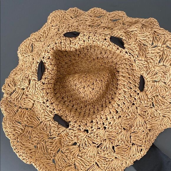 Straw Crochet Sun Hat w/ Removable Black Ribbon Vacation Beach Preppy Cottage main image 6